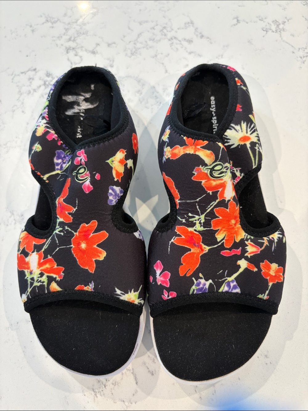 Easy Spirit Black Floral Cutout slip on Sandals with Orange & Purple Accents